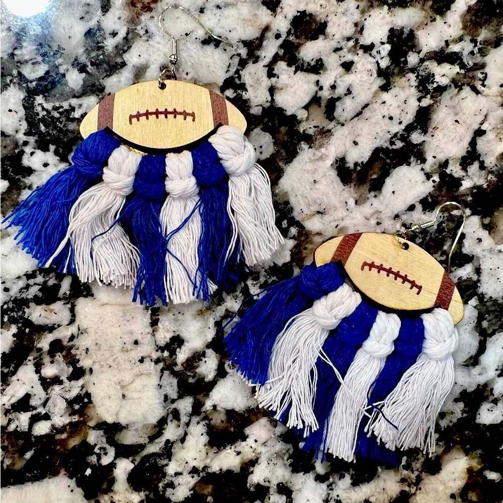 Blue and white tassel football earrings